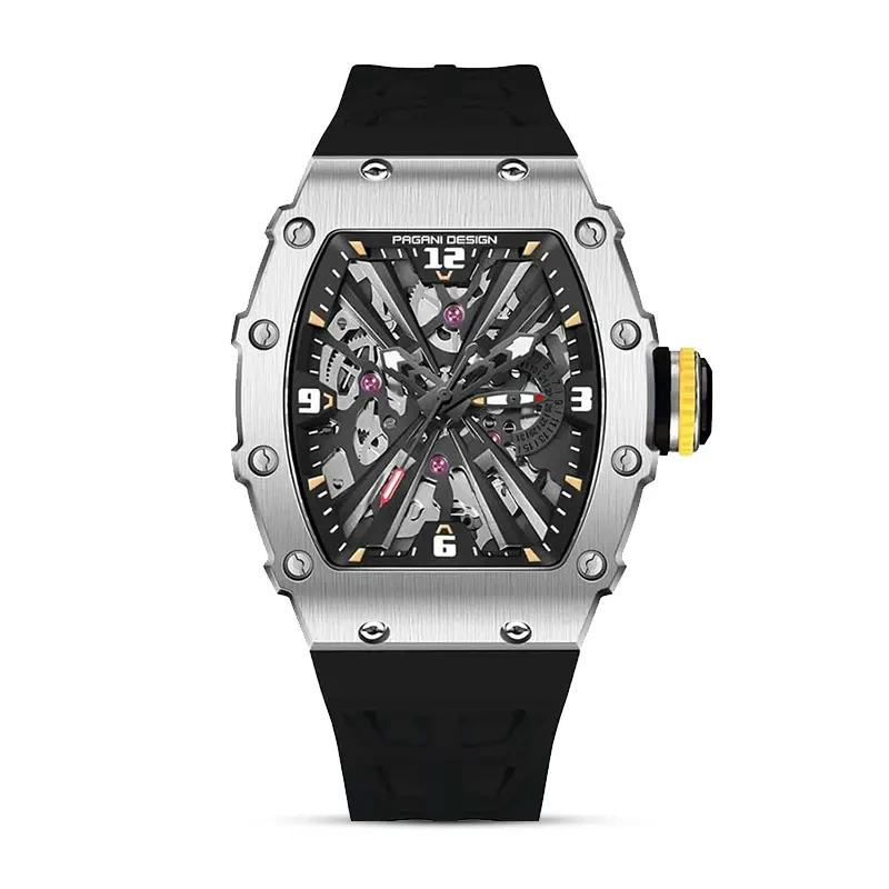 Pagani Design Black Skeleton Dial Silver Bezel Men's Watch | PD-1738